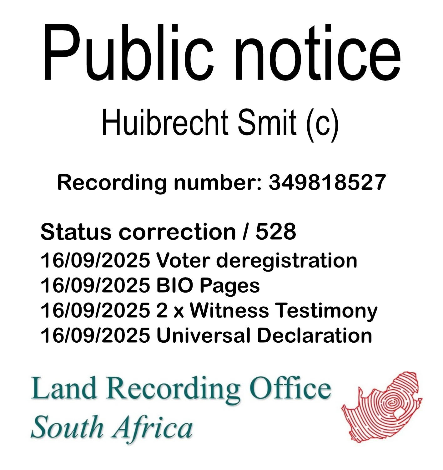 Public notice Huibrecht Smit Recording number 349818527